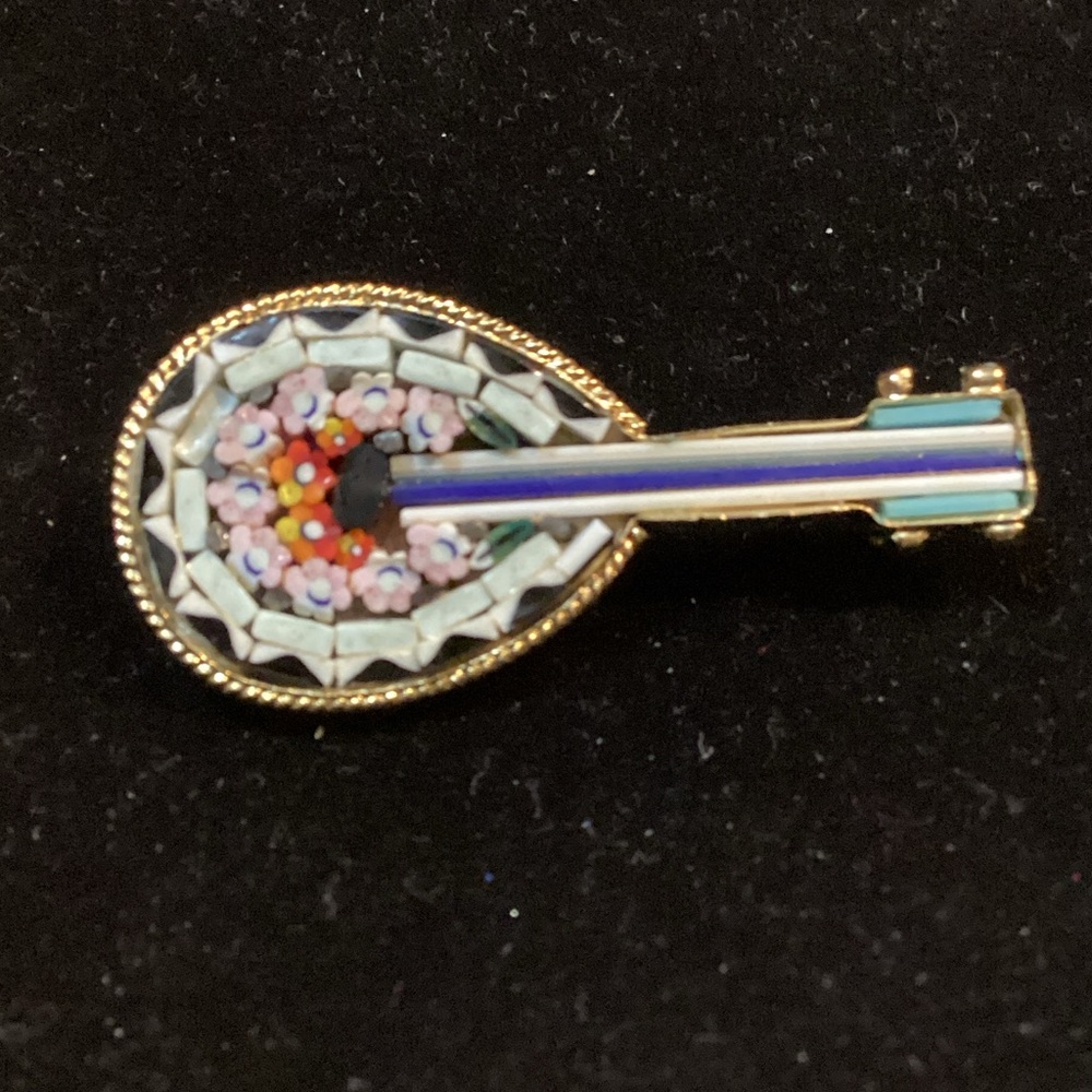 Vintage micro Mosaic millefiori glass Mandolin Brooch with Gold tone Trim Italy
